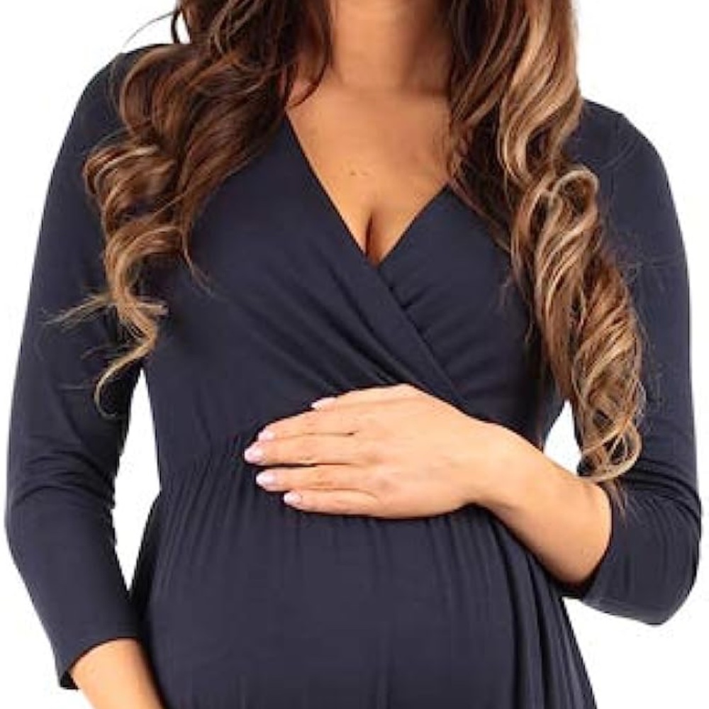 Mother Bee Maternity V-Neck 3/4 Sleeve Ruched Waist Dress size M.